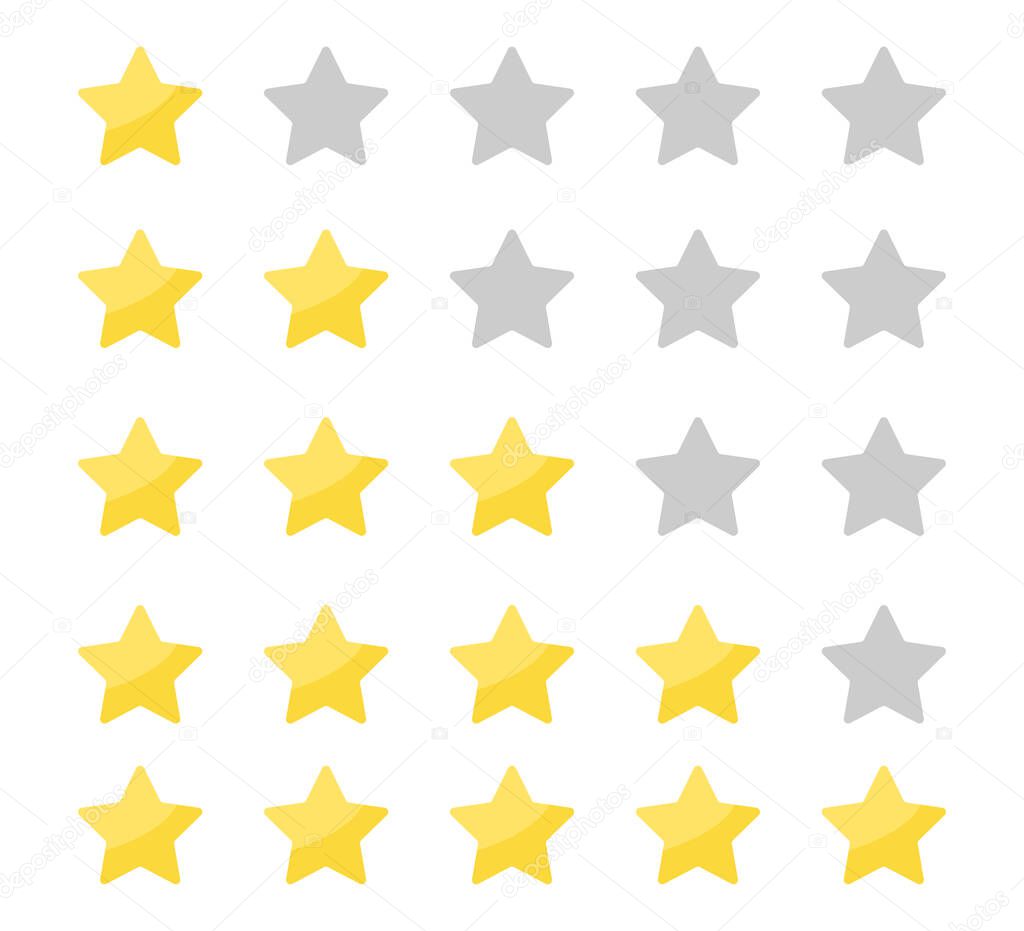 Yellow stars rating on white background. Feedback evaluation in flat design. Rank quality. Review stars symbol. Isolated top rate concept. Review rate icons on white background. Vector EPS 10