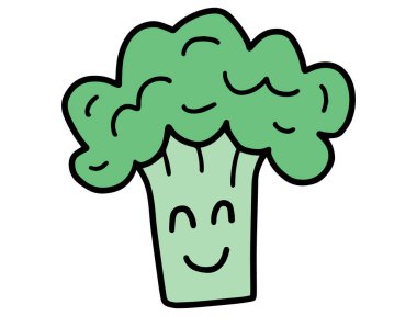 Tatlı Çizgi Roman Brokoli. El çizimleri karakterleri karalar. Sebze kavramı, düzgün beslenme, sağlıklı beslenme ve vejetaryenlik.