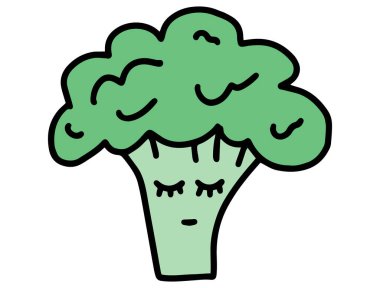 Tatlı Çizgi Roman Brokoli. El çizimleri karakterleri karalar. Sebze kavramı, düzgün beslenme, sağlıklı beslenme ve vejetaryenlik.