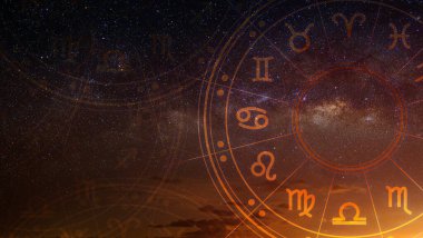 Astrological zodiac signs inside of horoscope circle. Astrology, knowledge of stars in the sky over the milky way and moon. The power of the universe concept. clipart