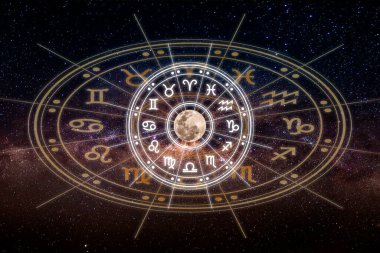Yıldız falı çemberinin içinde astrolojik burç işaretleri var. Astroloji, gökyüzündeki yıldızların bilgisi Samanyolu ve ay üzerinde. Evrenin gücü kavramı.