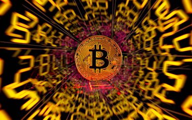 Matrix arka planında dijital numarası olan altın bitcoin şifreli para. Gelecek için ana önemli dijital para birimi.