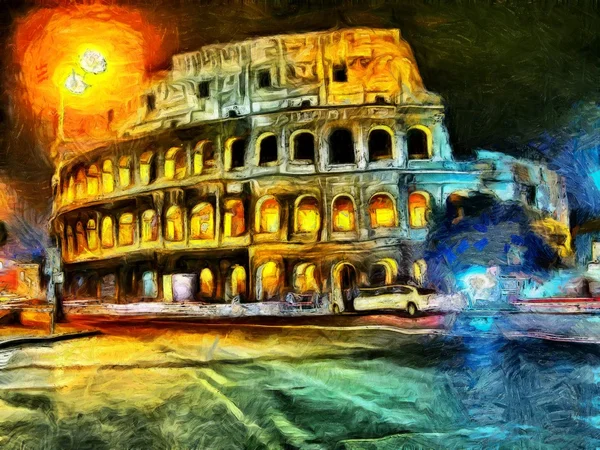 Heldere verlichting van Colliseum bij nacht schilderij — Stockfoto