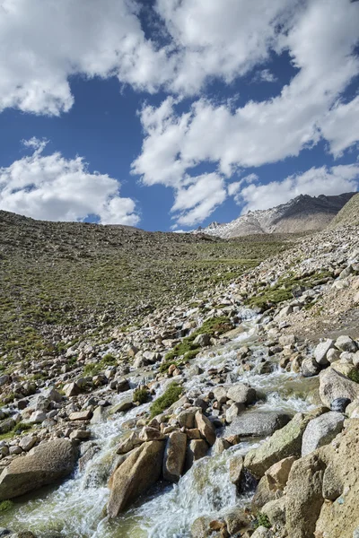 Río de montaña que fluye entre cumbres de nieve y valle verde —  Fotos de Stock