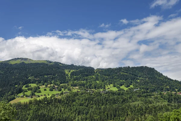 Alpine dorp op de helling van de heuvel panorama landschap — Stockfoto
