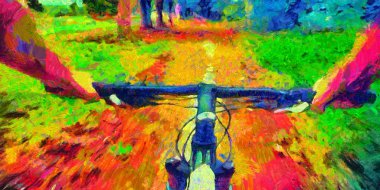 Bicycle ride pov acid colors psychedelic painting clipart