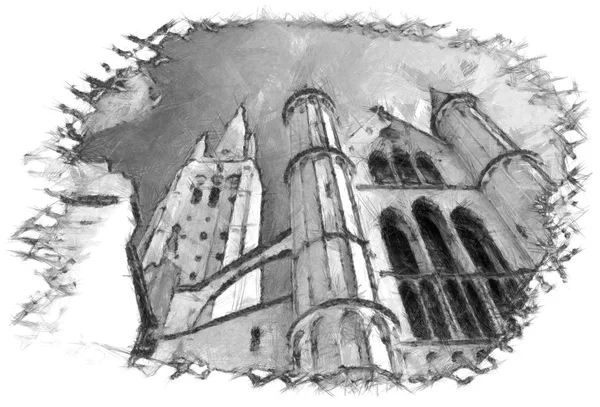 Brugge kerkarchitectuur schets potlood tekenen — Stockfoto