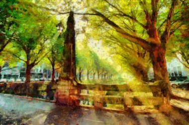 Şehir park kanal içinde Dusseldorf manzara Yağlıboya Resim