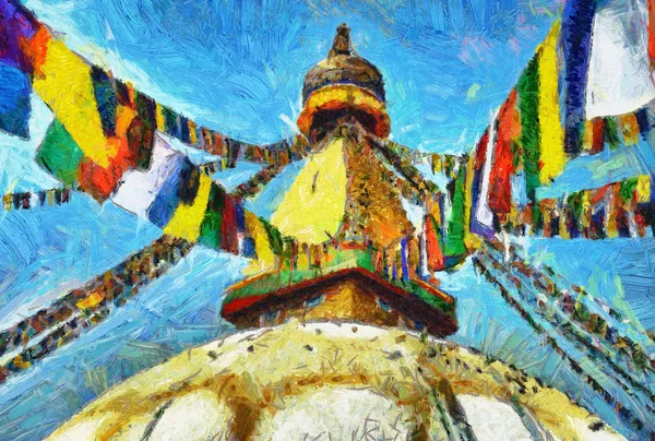 Boeddhistische stoepa Boudnath in Kathmandu kleurrijke olieverfschilderij — Stockfoto