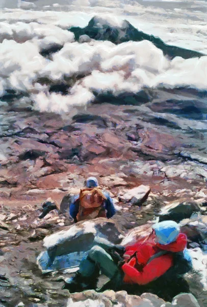 Trekkers descansando en la montaña del Kilimanjaro - pintura al óleo — Foto de Stock