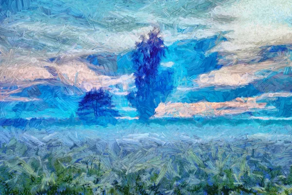 Mística niebla pradera y árboles paisaje - pintura al óleo — Foto de Stock