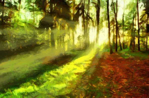 Sole della sera che splende attraverso la foresta estiva - pittura ad olio — Foto Stock