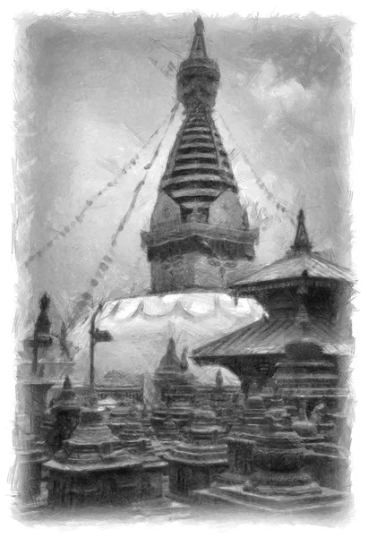 Stupa bouddhiste à Katmandou Dessin au crayon Népal Images De Stock Libres De Droits