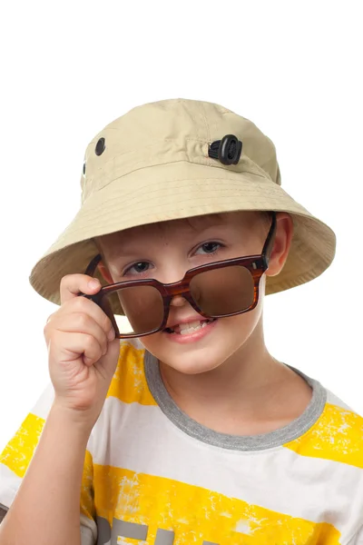 The funny little boy in sun glasses close up isolated — Stock Photo, Image