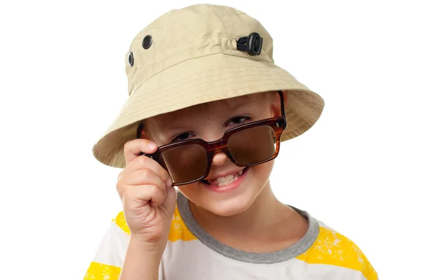 The funny little boy in sun glasses close up isolated — Stock Photo, Image