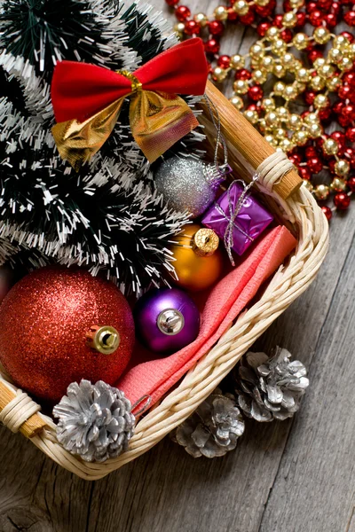 Little New year tree toys in the box closeup — Stock Photo, Image