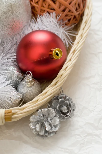 Little New year tree toys in the box closeup — Stock Photo, Image