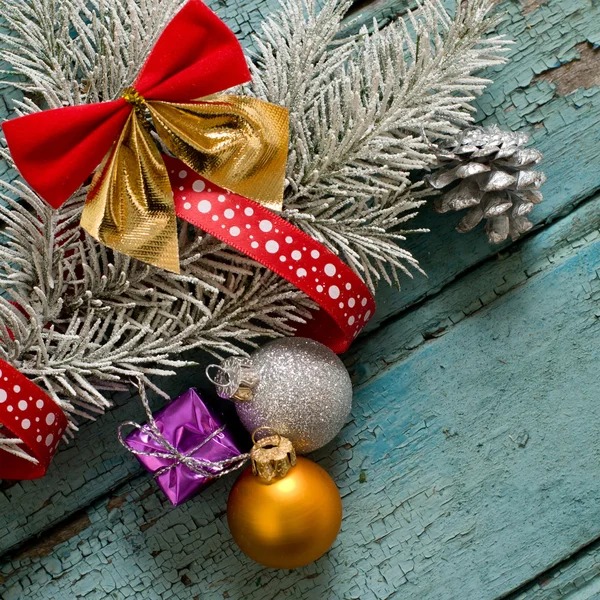 Little New year tree toys on the wood backing — Stock Photo, Image