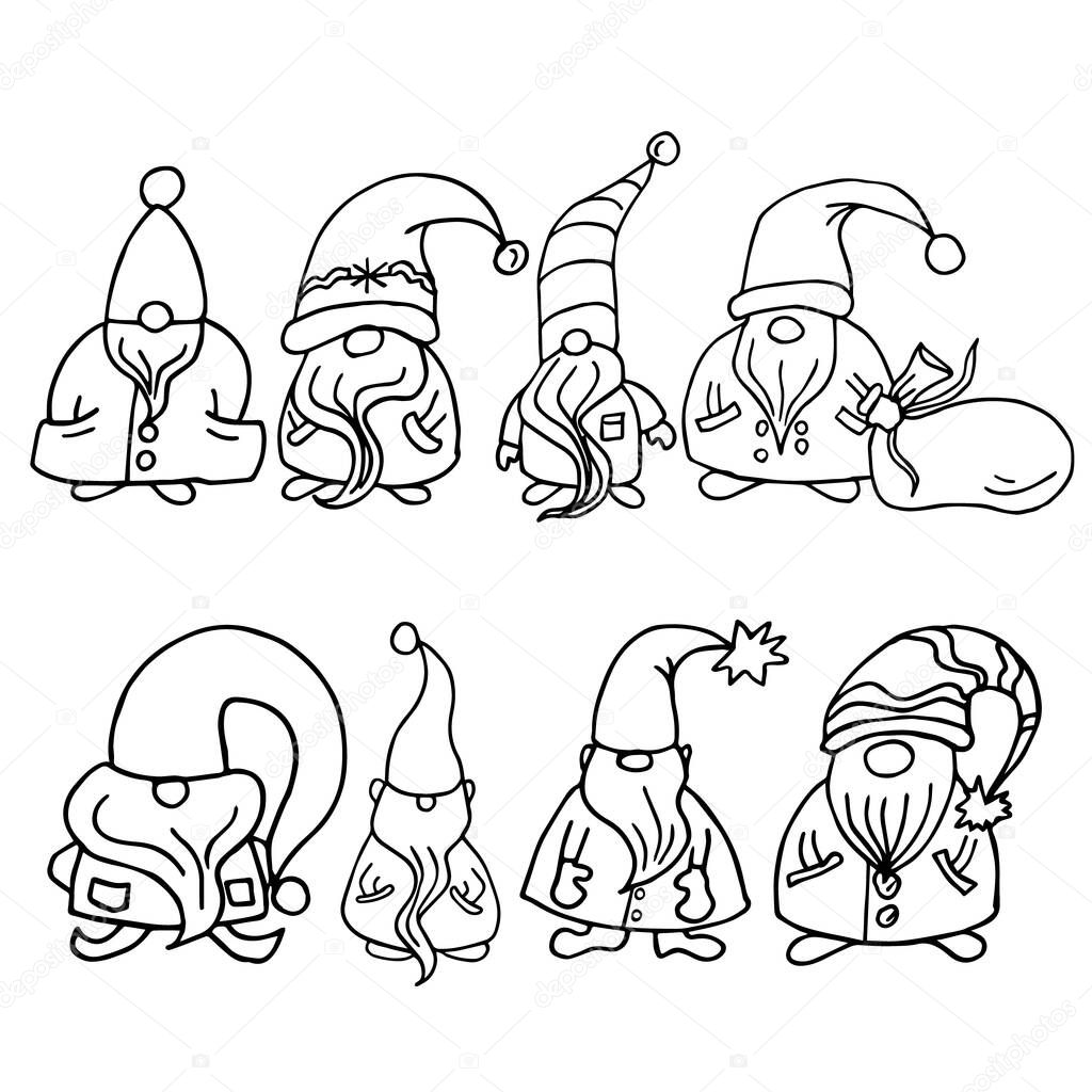 Set of vector Christmas gnomes. Doodle Scandinavian gnomes on a white background