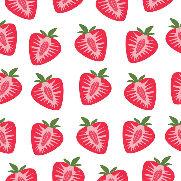 Patrón Vectorial Con Fresas Maduras Jugosas Rojas Cortadas Por Mitad — Vector de stock