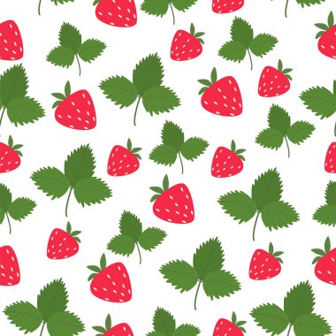 Olgun, parlak çilekler ve beyaz arka planda yapraklarla desen.