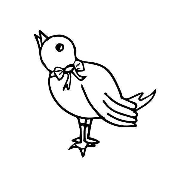 白い背景に孤立したドードルの鳥が首に弓をかけて横に立っている ベクトル鳥は イースター 子供のカード 包装の季節のデザインで使用することができます — ストックベクタ