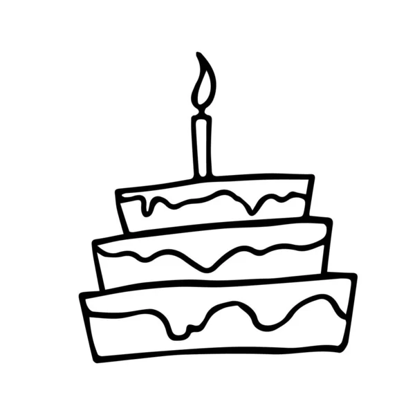 Eine Handgezeichnete Dreistöckige Torte Mit Sahne Und Einer Kerze Darauf — Stockvektor