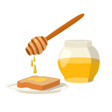 Bal kavanozu seti, ahşap bal kovası, tabakta tost..