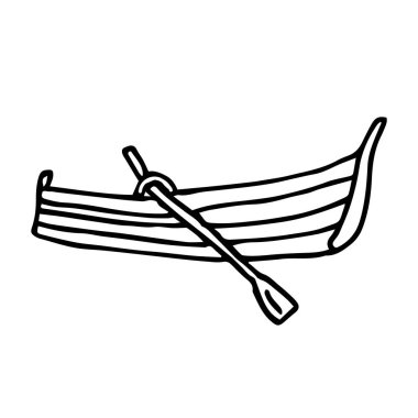 Beyaz arka planda küreği olan tek renkli el çizimi bir tekne. Seyahat, kamp ve dinlenme için tahta tekne.