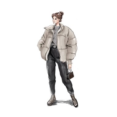 Dikilmiş büyük beden ceketli, siyah deri pantolonlu, beyaz arka planda ayakkabıları olan el çizimi bir kız modeli. Üst Manzara. Moda görünümlü bir kızın tasviri.
