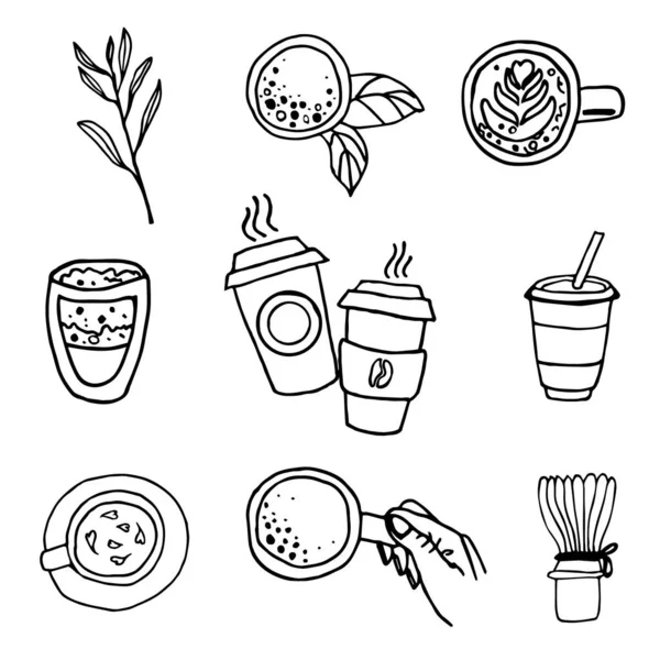Vector Set Tea Tea Matches Coffee Disposable Cups Mugs Doodle — Stock Vector