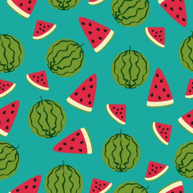 Yeşil arka planda karpuz ve dilimlerle dolu vektör desenli yaz.