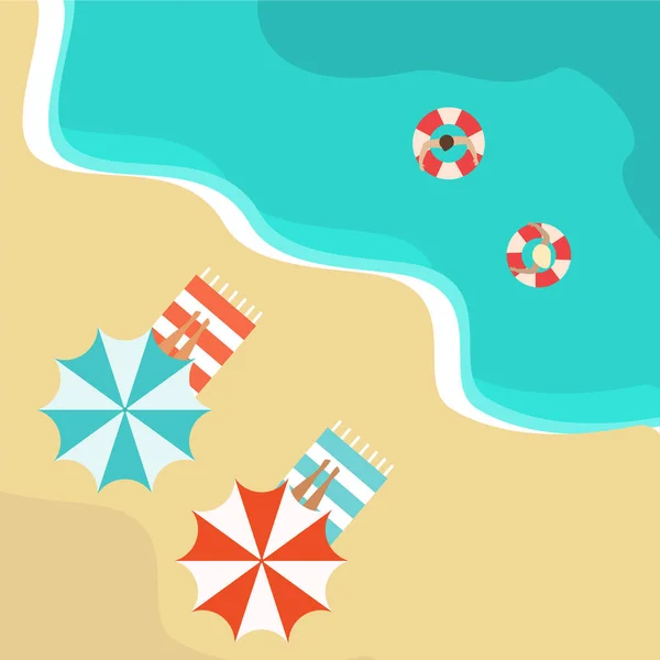 Vector Illustration Top View Beach Umbrellas Sun People Sunbathing Sand — Stock Vector