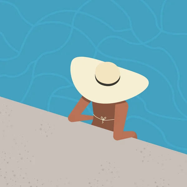 Ilustración Moda Vectorial Una Chica Bronceada Sombrero Piscina — Vector de stock