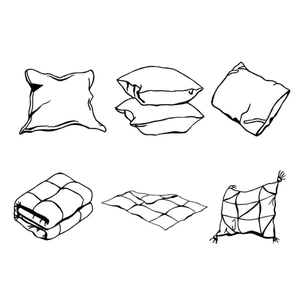 白色背景上的枕头 枕套和羽绒被套的涂鸦向量集被隔离 — 图库矢量图片
