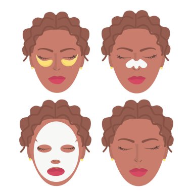 Nemlendirici, temizleyici, yaşlanmayı önleyen yüz maskeleri olan koyu tenli kadın yüzleri. Maskeli, yamalı ve burun delikleri için temizleyici şeritli genç kızların simgeleri.