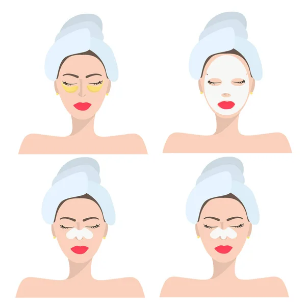 Vector Set Girls Towel Head Different Facial Skin Care Girls — Stock Vector