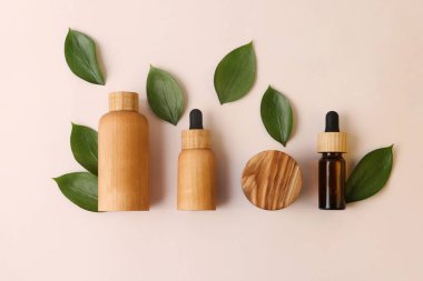 Taze yeşil yapraklı ahşap kozmetik kaplarından yaratıcı bir düzen. Güzel pastel renkler, doğal malzemeler. Organik konsept..