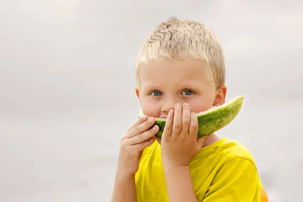 Sweet Sun Tanned Blonde Kid Coast Holding Juicy Slice Watermelon — Stock Photo, Image