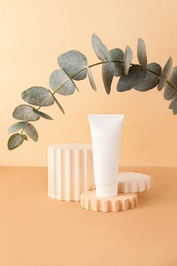 Pastel izometrik arka planda boş kozmetik tüpü. Boş geometrik podyum ve taze okaliptüs dalı arkasında. Dünya renkleri, sıfır atık kapları..