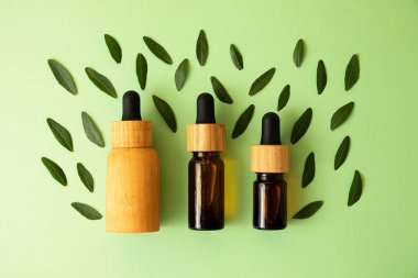 Sıfır atık kozmetik şişelerinden yeşil yapraklı modaya uygun arka planda bir düzen. Kozmetik için model, pastel renkli afiş. Organik konsept..