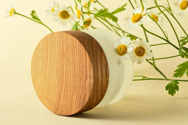 Round cosmetics box with wooden cover.Chamomile on background,natural herbs.Concept of the organic,zero waste cosmetic,pastel colors.
