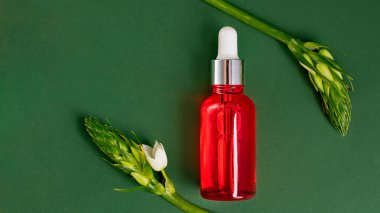 Yeşil arka planda kırmızı kozmetik şişesi. Çerçevesi beyaz çiçeklerle kaplı. Fotokopi alanı ile kozmetik modeli, büyük afiş..