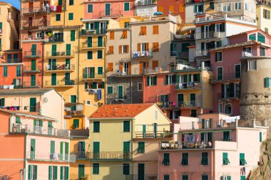 Picturesque view of the colorful houses along the main street in a sunny day in Manarola. Manarola is one of the five famous villages in Cinque Terre Five lands National Park. Liguria, Italy, Europe