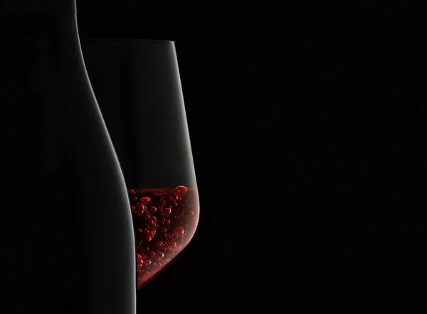 Closeup Bottle Wineglass Red Wine Black Background Stock Picture