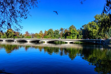 Romanya 'nın başkenti Bükreş' teki Carol Park 'ta güneşli bir sonbahar gününde, uzun gri köprüsü ve göl kenarındaki çok sayıda büyük yeşil ağaçla manzara