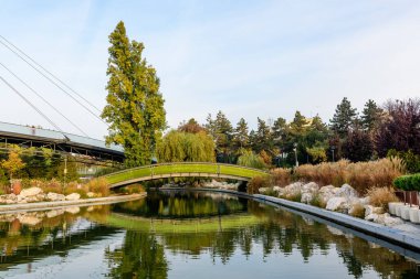 Romanya 'nın Bükreş kentindeki Moghioros Park olarak da bilinen Drumul Taberei Parkı' ndan bir sonbahar sabahı gün doğumunda yeşil ağaçlar ve göl üzerindeki köprü manzarası