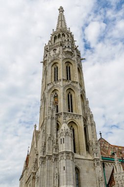Details of the Matthias Church that is a Roman Catholic church located in Budapest, Hungary, in front of the Fisherman's Bastion at the heart of Buda's Castle District, in a sunny day