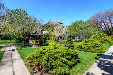 Bükreş, Romanya - 25 Nisan 2021: Eski geleneksel Romen evi güneşli bir bahar gününde Herastrau Park 'taki Dimitrie Gusti Ulusal Köy Müzesi' nde çok sayıda eski ağaç ve yeşil çimlerle çevrili
