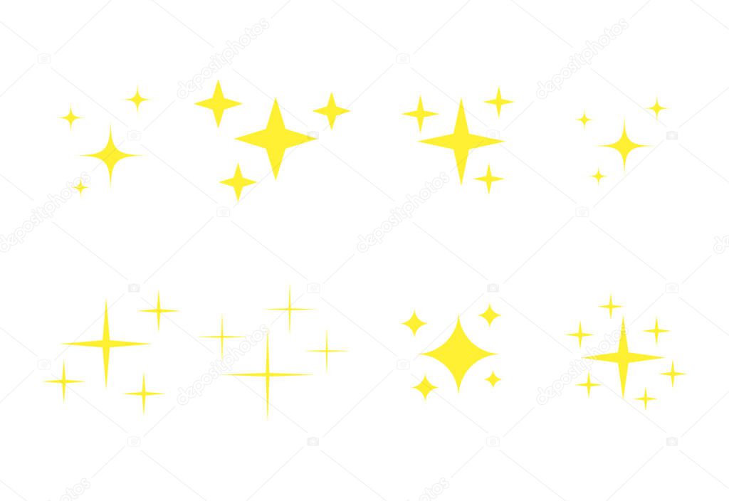 Yellow spark emoji icons set. Golden glowing stars symbols collection. Bright christmas stars twinkle in flat style vector isolated